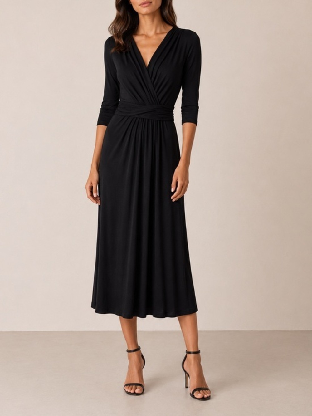 Bailey 44 Estrada Black V Neck Stretch 3/4 Sleeve Minimalist Maxi Dress